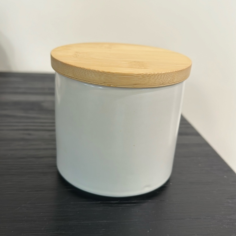 Crate & barrel ceramic canister with bamboo lid